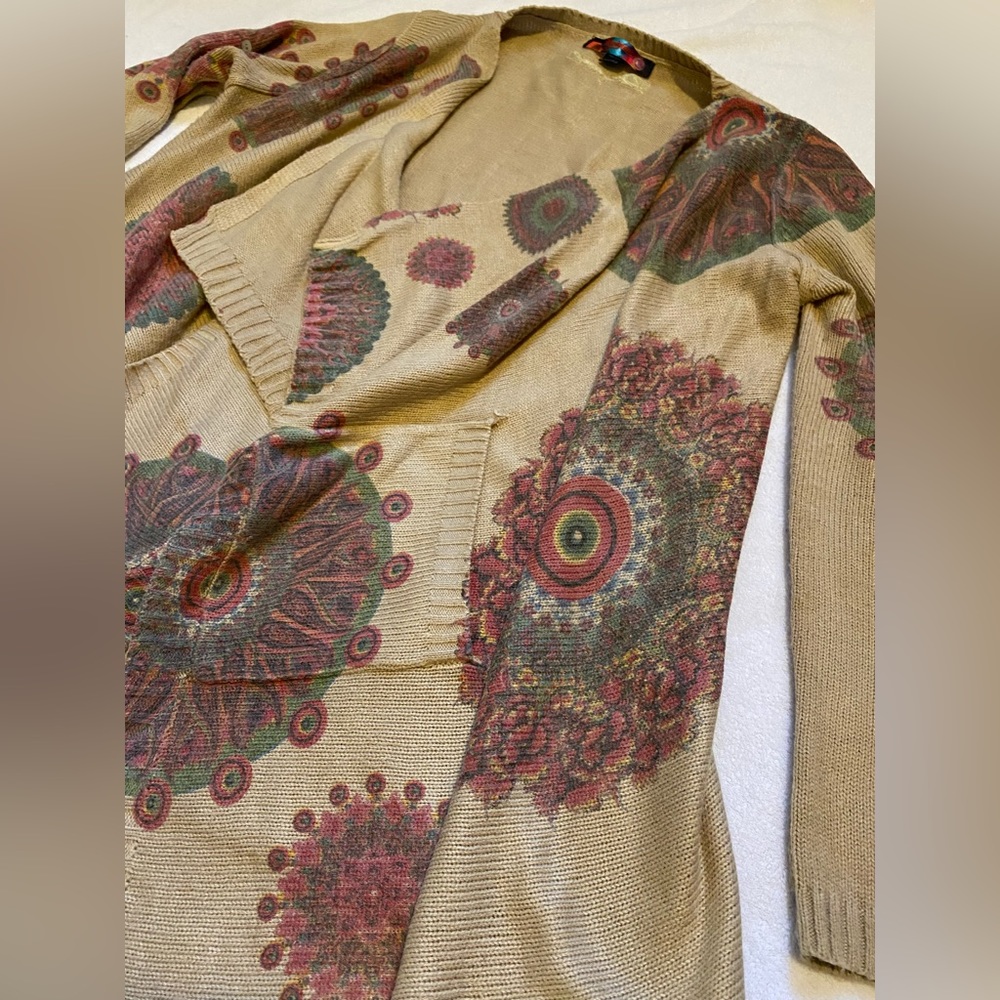 Desigual boho draped open front waterfall  mandala cardigan sweater Size XL